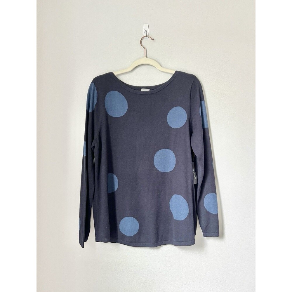 NEW Chicos Size 2 Sweater Navy Blue Polka Dot Long Sleeve Lightweight Classic L